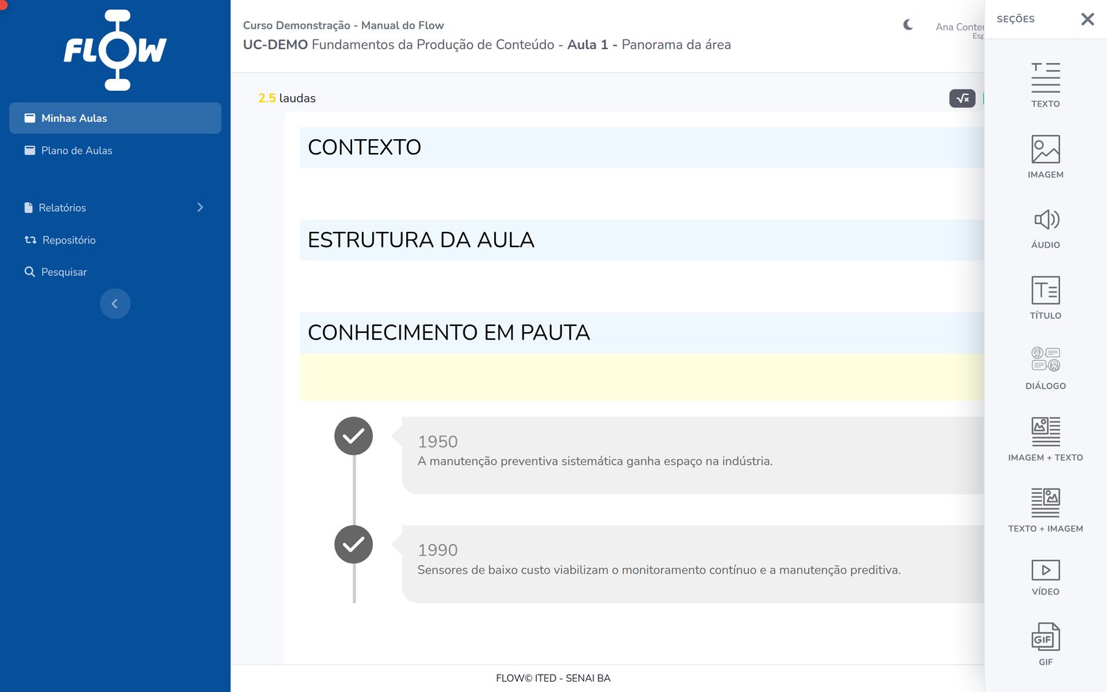 Editor de aulas do FLOW com os blocos Contexto, Estrutura da Aula e Conhecimento em Pauta, e o painel lateral com os tipos de seção disponíveis